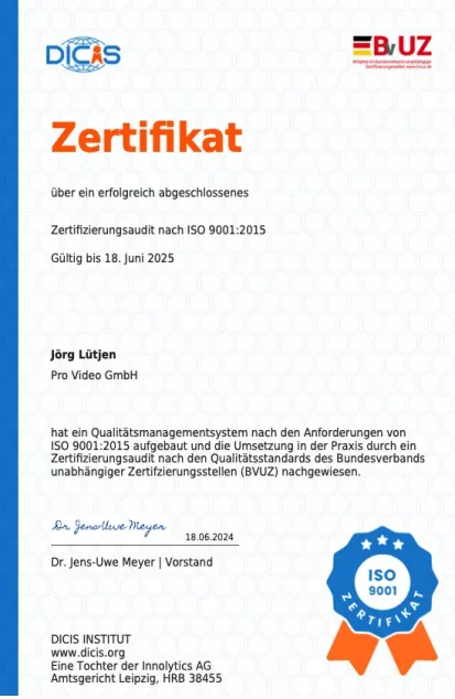 pro video GmbH Zertifizierungsaudit nach ISO 9001_2015